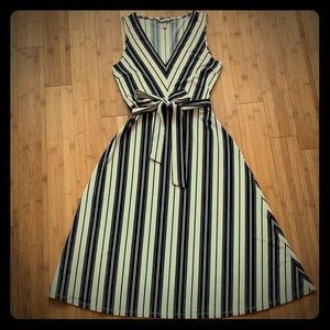 H&M black and off-white striped belted midi dress